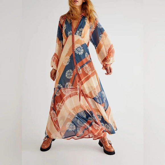 Free People Daria Shirtdress Floral Maxi Size Small Button Up Boho Flowy Retro - Picture 11 of 12
